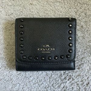 COACH Leather Tri-Fold Wallet | Black Monochrome w/ Rivets / Studs | 4”L x3.5”H
